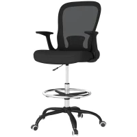 HOMCOM Draughtsman Chair, Mesh Drafting Chair, Ergonomic Office Chair with Flip-up Armrest, Adjustable Foot Ring, Black(m-12)