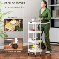 HOMCOM Carrito Auxiliar con Ruedas de 4 Niveles con Cajón Encimera y Cestas de Rejilla para Dormitorio Baño Cocina Blanco(m-5)