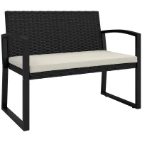 Outsunny Banco de Jardim em Vime Sintético de 2 Lugares Banco de Exterior com Almofada 103x58x78 cm Preto e Bege(m-1)