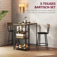 HOMCOM 3-delige Eetset met Bartafel en 2 Stoelen, Klein Keukenset met Zijplanken, MDF, Metaal, Zwart(m-4)