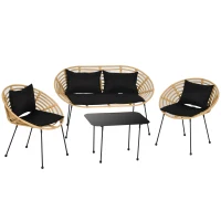 Outsunny Conjunto de Móveis de Jardim em Vime Sintético 4 Peças com 1 Sofá Duplo 2 Poltronas e Mesa de Vidro Madeira e Preto(m-1)