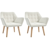 Set of 2 Accent Chair, Arm Chair with Slanted Back, Thick Padding and Rubber Wooden Legs for Living Room, Cream White