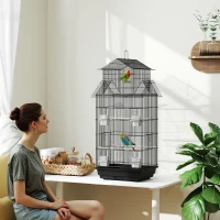 PawHut Gaiola de Metal para Pássaros com Bandeja Amovível 4 Comedouros 3 Poleiros e 1 Baloiço 50,5x41x104 cm Preto(m-2)