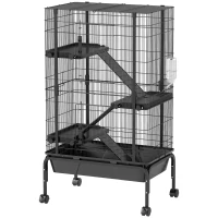 PawHut Gaiola para Animais Pequenos de 4 Níveis Gaiola para Roedores com Rodas Rampas Tigela Garrafa de Água e Bandeja Removível Recinto para Coelhos Chinchilas Furões 69x44x120 cm Preto(m-10)
