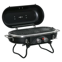 Outsunny Gasgrill 2,34 KW Klappbar BBQ Gartengrill inkl 2 Edelstahl-Brenner  Druckminderer 66 x 34,5 x 37 cm Schwarz(m-1)