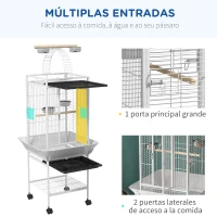 PawHut Gaiola para Pássaros com Suporte e Rodas 62,5x62,5x156 cm Ponte de Arco 2 Poleiros 4 Comedouros 2 Bandejas Removíveis(m-6)