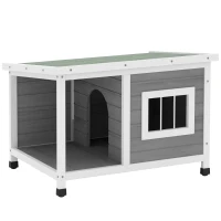 PawHut Casa para Cães de Madeira Casa para Animais de Estimação com Teto Asfáltico Impermeável e Janela 85,5x62x60cm Cinza(m-1)