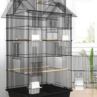 PawHut Gaiola de Metal para Pássaros com Bandeja Amovível Rodas 4 Comedouros 3 Poleiros e 1 Baloiço 50,5x41x163 cm Preto(m-9)