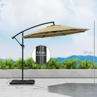 Outsunny 3m Overhanging Parasol, with Base, Weights and Cover - Sand brown(m-3)