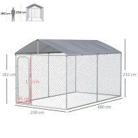 PawHut Canil de Exterior com Toldo Anti-UV Porta com Trava e Estrutura de Metal Galvanizado 4x2,3x2,32 cm Prata(m-3)