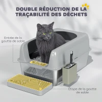 PawHut Bac à litière pour chat en acier inoxydable facile à nettoyer avec bords hauts anti-fuite d'urine, pelle inclus, gris(m-6)