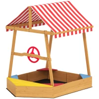 AIYAPLAY Caixa de Areia para Crianças em Forma de Barco com Toldo e Assentos Caixa de Areia para Exterior 133x101x141 cm Madeira(m-11)