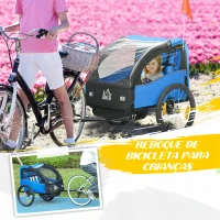 HOMCOM Reboque de Bicicleta para Crianças de 2 Lugares com Cinto de Segurança e Sistema de Amortecimento 140x88x90 cm Azul(m-4)