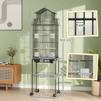 PawHut Gaiola de Metal para Pássaros com Bandeja Amovível Rodas 4 Comedouros 3 Poleiros e 1 Baloiço 50,5x41x163 cm Preto(m-3)