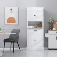 HOMCOM Alacena de Cocina con 4 Puertas 1 Cajón y Estante Abierto Mueble Auxiliar para Microondas 74x39,5x183 cm Blanco(m-7)