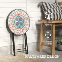 Outsunny Stolik ogrodowy z mozaiką, Składany okrągły stolik tarasowy z metalowym stelażem i ceramicznym blatem, Wzór mozaikowy, Wielobarwny(m-5)