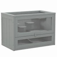 PawHut Jaula para Hámster de Madera de 2 Niveles Casa para Animales Pequeños con Plataformas Escaleras 60x35x42 cm Gris(m-1)