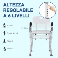 HOMCOM Sedia per Doccia in Alluminio con Altezza Regolabile e Piedini Antiscivolo, 51.5x51.5x71-84cm, Bianco(m-6)
