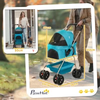PawHut 3-in-1 Huisdierenbuggy, Opvouwbare Hondenwagen met 4 Wielen en Afneembare Drager voor Honden en Katten Turquoise(m-3)