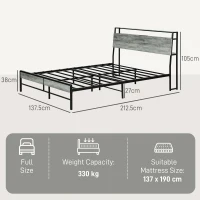 HOMCOM Double Steel Bed Frame, with LED Lights and Headboard Shelf - Grey(m-3)