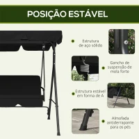 Outsunny Baloiço de Jardim de 3 Lugares com Almofada Toldo Ajustável e Estrutura de Aço para Balcão Terraço 172x110x153 cm Preto(m-5)