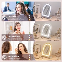 HOMCOM Espejo de Maquillaje con Luz LED Iluminación Ajustable Rotación Regulable de 360° y Control Táctil 33x12x44,5 cm Blanco(m-5)