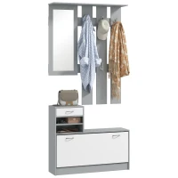 HOMCOM Móvel Cabide de Entrada de 3 Peças Armário de Entrada com Cabide Espelho Sapateira e Gaveta 90x10x102 cm Branco e Cinza(m-9)