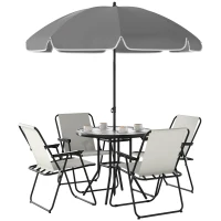 Outsunny Conjunto de Mesa e Cadeiras de Jardim de 6 Peças com 4 Cadeiras Dobráveis Mesa de Vidro e Chapéu de Sol Creme(m-9)