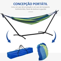 Outsunny Cama Rede com Suporte 310x117 cm com Bolsa de Transporte Altura Ajustável Capacidade 120 kg para Campismo Pátio Verde e Azul(m-7)