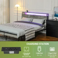 HOMCOM Double Steel Bed Frame, with LED Lights and Headboard Shelf - Grey(m-5)