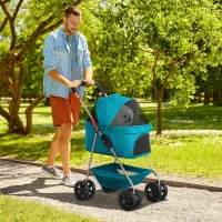 PawHut 3-in-1 Huisdierenbuggy, Opvouwbare Hondenwagen met 4 Wielen en Afneembare Drager voor Honden en Katten Turquoise(m-2)