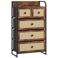 HOMCOM Cómoda para Dormitorio con 5 Cajones con Frentes de Ratán y Marco de Acero 58x29x99 cm Marrón Rústico(m-1)