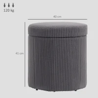 HOMCOM 40cm Round Storage Ottoman, Corduroy Footstool with Removable Lid and Legs, Vanity Stool for Living Room, Bedroom, Grey(m-3)