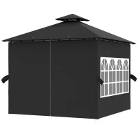 Outsunny 3 x 3 m Garden Gazebo, Double Roof Metal Gazebo with Removable Sidewalls and Church Windows, Outdoor Canopy Shelter, Black(m-11)