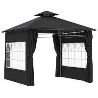 Outsunny 3 x 3 m Garden Gazebo, Double Roof Metal Gazebo with Removable Sidewalls and Church Windows, Outdoor Canopy Shelter, Black(m-1)