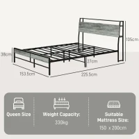 HOMCOM King Steel Bed Frame, with LED Lights and Headboard Shelf - Grey(m-3)