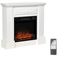HOMCOM Chimenea Eléctrica 1800W con Efecto de Llama Mando a Distancia Temporizador Protección Contra Sobrecalentamiento Blanco(m-1)