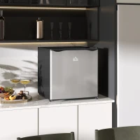 HOMCOM 46 Litre Table Top Mini Fridge, Small Fridge with Ice Box, Reversible Door, Adjustable Temperature and Legs for Bedrooms, Home Office, Silver Tone(m-2)