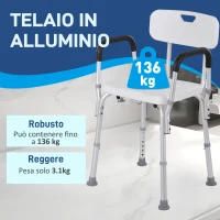 HOMCOM Sedia per Doccia in Alluminio con Altezza Regolabile e Piedini Antiscivolo, 51.5x51.5x71-84cm, Bianco(m-4)