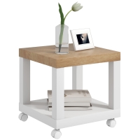 HOMCOM Mesa Auxiliar com Rodas Mesa Auxiliar com Prateleira Aberta para Sofá Dormitório 40x40x40 cm Branco e Madeira