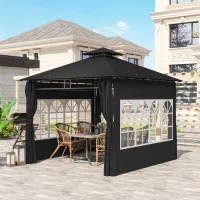 Outsunny 3 x 3 m Garden Gazebo, Double Roof Metal Gazebo with Removable Sidewalls and Church Windows, Outdoor Canopy Shelter, Black(m-9)