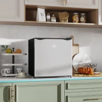 HOMCOM 46 Litre Table Top Mini Fridge, Small Fridge with Ice Box, Reversible Door, Adjustable Temperature and Legs for Bedrooms, Home Office, Silver Tone(m-10)