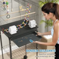 PawHut Gaiola para Passáros Gaiola de Metal com Portas 4 Comedouros 3 Poleiros Baloiço Escadas e Bandeja Removível 46x36x120 cm Preto(m-6)