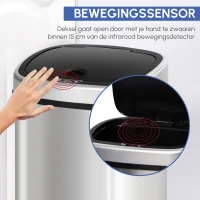 HOMCOM® Automatische vuilnisbak met infraroodsensor 48 L zilverkleurige vuilnisbak keukenemmer 40,5 L x 29,5 B x 57 H cm(m-5)