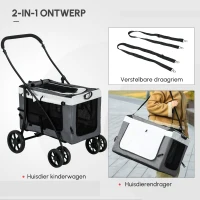 PawHut Hondenbuggy Huisdierbuggy Hondenkar, inklapbaar, afneembare mand, 81 x 58 x 97,5 cm, Zwart + Grijs + Wit(m-7)