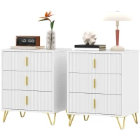 HOMCOM Set of 2 Elegant Chest of Three Drawers - White/Gold-Tone(m-11)