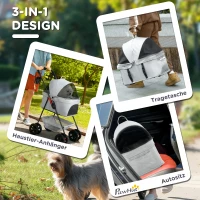 PawHut 3-in-1 Huisdierenkinderwagen, Opvouwbare hondenwagen met 4 wielen en afneembare drager voor honden en katten, Grijs(m-4)