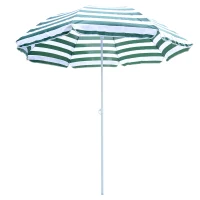 Outsunny 1.8m Beach Parasol Umbrella with Tilt Canopy, Lightweight Patio Garden Sunshade with 8 Ribs, Green & White Stripe(m-14)