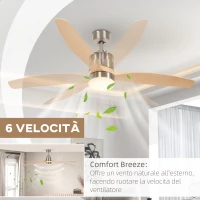 HOMCOM Ventilatore da Soffitto con Luce LED Bianca a 6 Velocità e Timer, in Metallo e Acrilico, Ø132 x 43A cm(m-4)