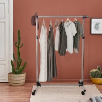 HOMCOM Charriot com Altura Ajustável Cabideiro com Rodas para Roupas Aço Inoxidável 86-160x45x95-170cm Prata e Preto(m-2)